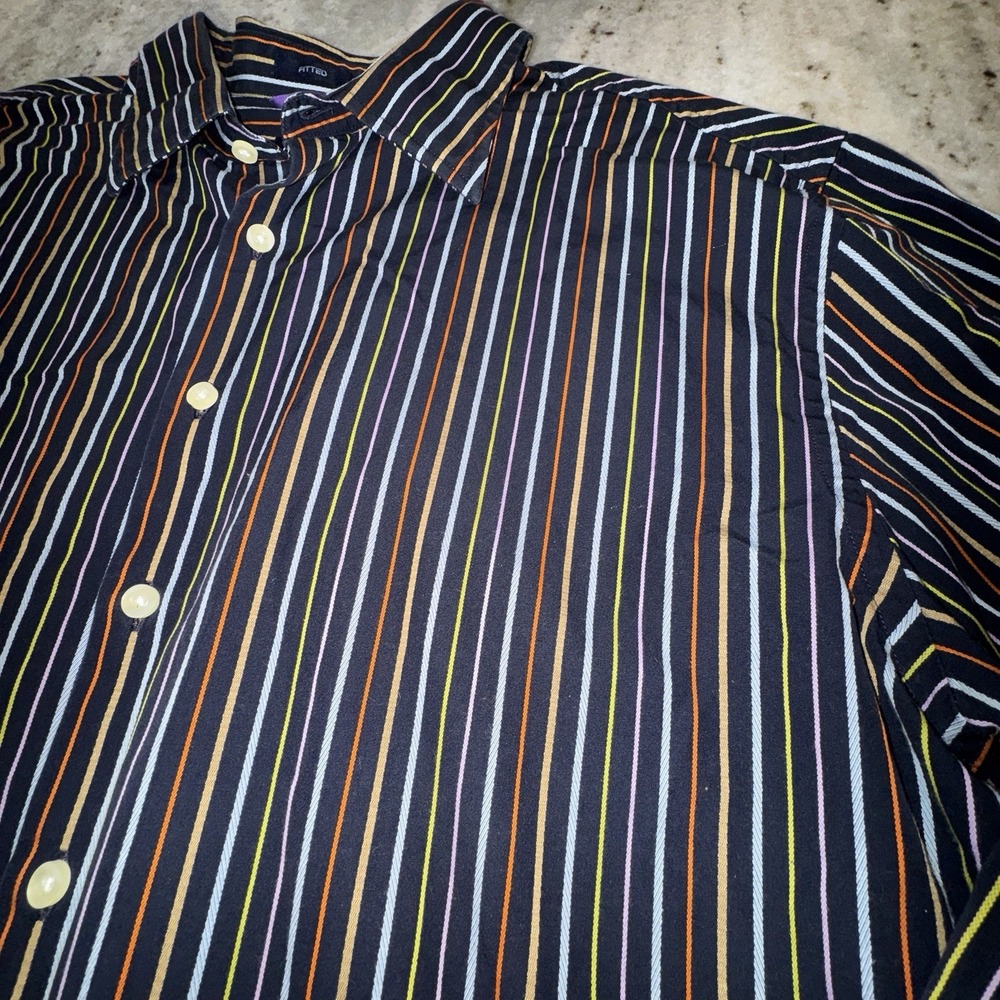 GAP Men's XL Fitted Button Down Dress Shirt Navy Colorful Pinstripe Office
